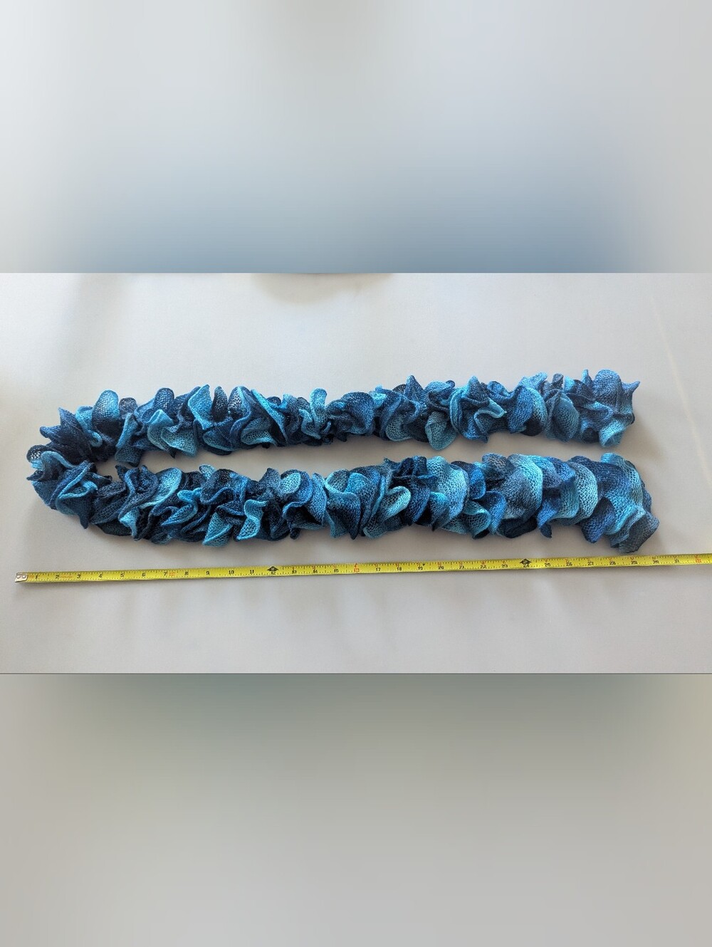 Multicolor Handmade Crocheted Fashion Ruffle Scarf Shades of Blue Teal 60" Long - Picture 14 of 14